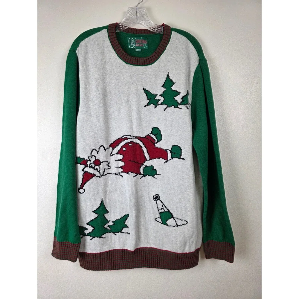 Ugly Christmas Sweater‎ Mens XXL Green Red Drunk Santa Fallen Over Tree Funny